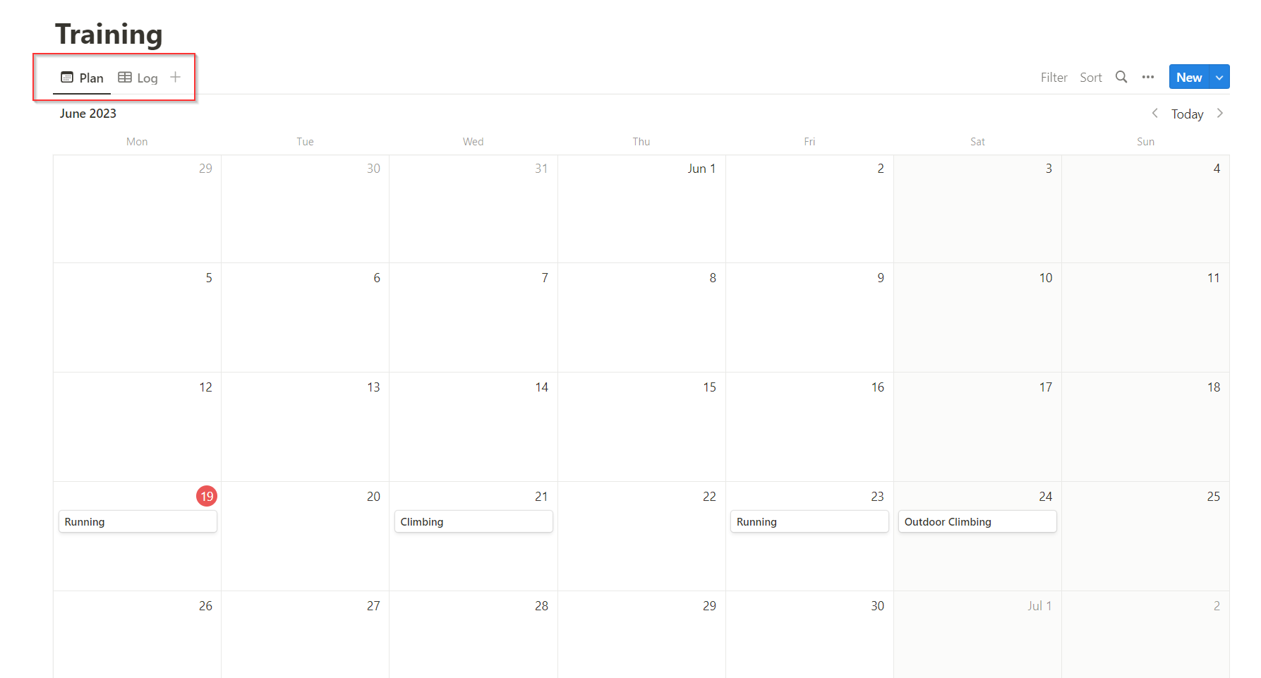 Image showing a page in Notion named "Training", and it contains two tabs, Plan and Log, which are marked with red square. Below, Plan tab is shown with calendar set to June and several appointments in there.