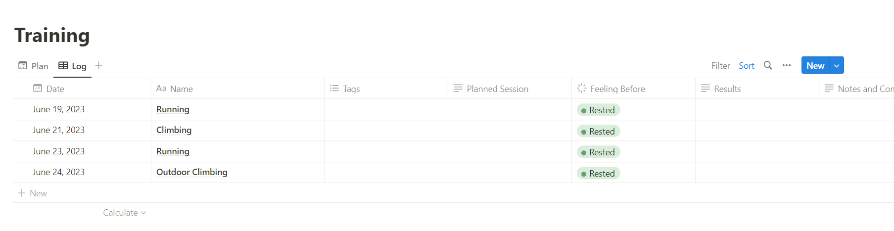 Image showing a page in Notion named "Training", and it contains two tabs, Plan and Log. Log tab is shown below, and several appointments in there in the form of a table.