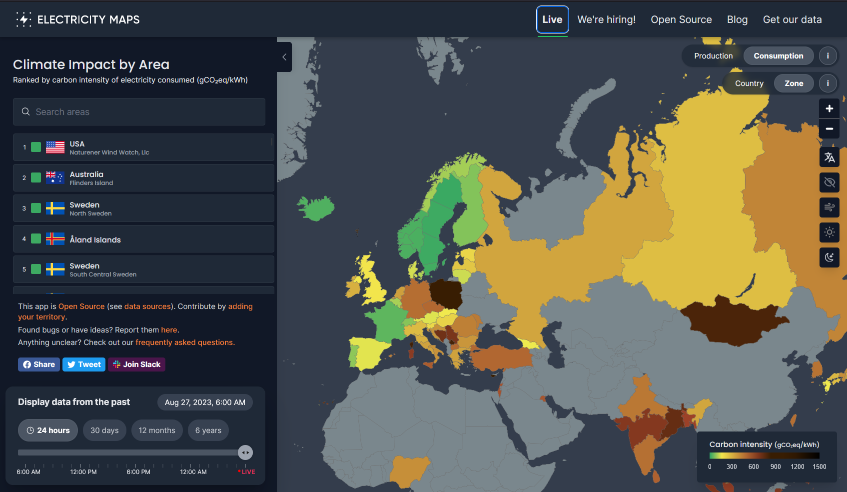 Image showing a map of Europe on the right with the different countries in marked in different colours showing the amount of carbon intensity. The countries with less carbon intensity are marked with green, countries with more in orange, and brown. Countries with no data are marked in gray. On the left is the legend showing a list of countries.