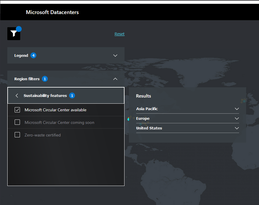 On the left, a Legend and Region filters on the map with Sustainability features opened, and Microsoft Circular Center marked in the drop-down. On the right, a result table is shown with regions of Asia Pacific, Europe, and United States in it.