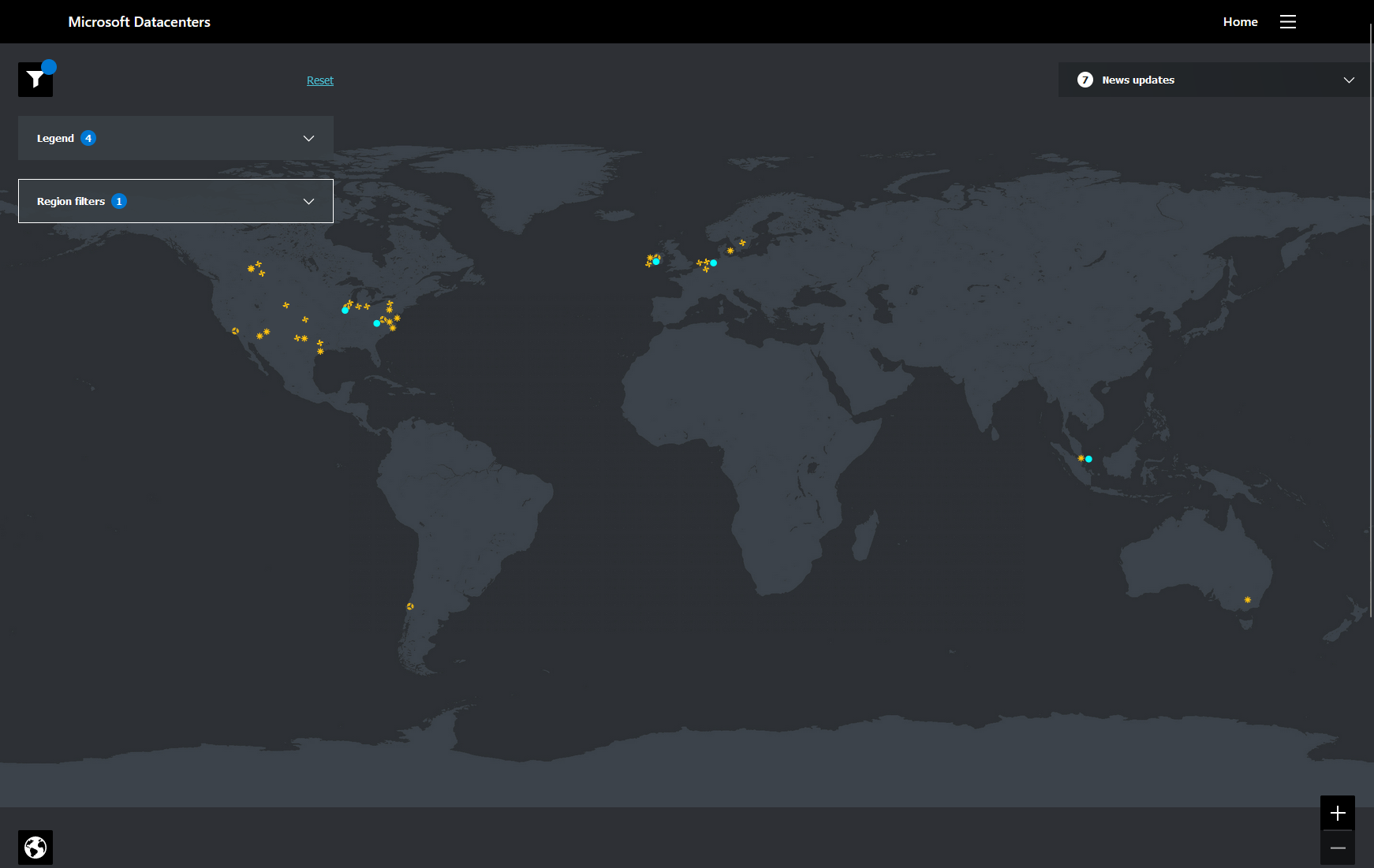 Image showing map of the world with yellow symbols across several continents showing sustainable projects Microsoft has implemented and blue dots near those yellow symbols that mark the Azure datacenter regions.