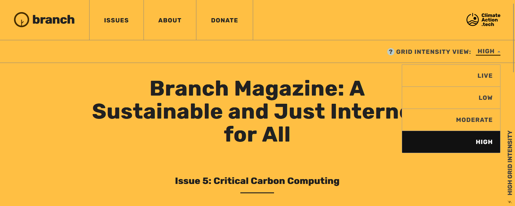 Image showing a homepage of the Branch magazine with a dropdown menu on the right showing the Grid intensity view: live, low, moderate, and high. High is marked as the current setting.