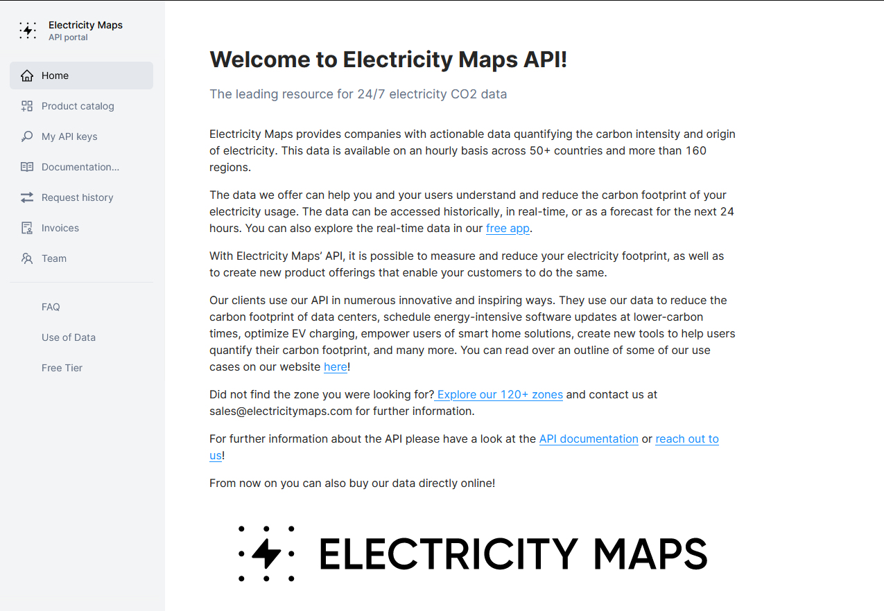 This is a screenshot of the welcome page for the Electricity Maps API. The page has a white background with black text, a header that reads ‘Welcome to Electricity Maps API!’, and a paragraph explaining the API’s functionality. There’s a sidebar on the left with links to different sections of the API, and a world map in the bottom right corner. The page provides data on electricity demand across continents and more than 160 regions, and offers ways to assess individual electricity footprints and increase renewable energy use.